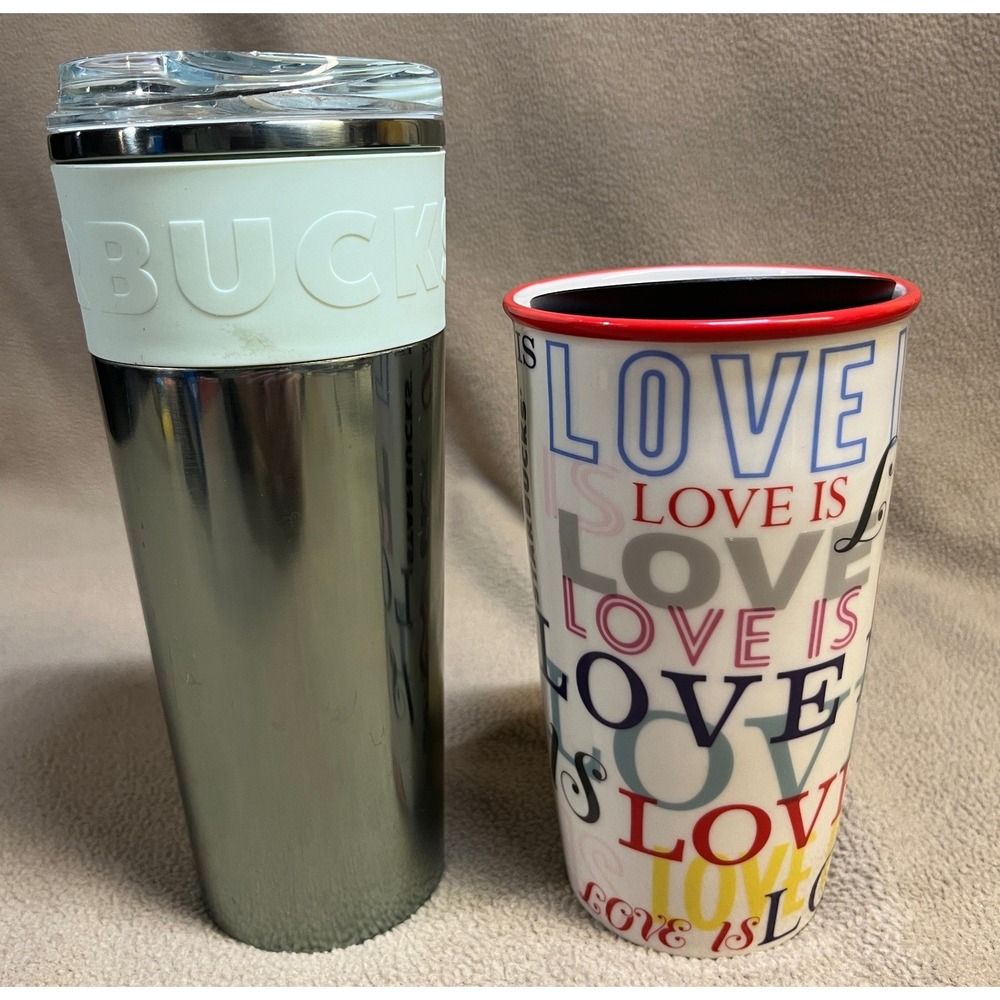 Starbucks Love Is Love Pride Ceramic Travel Tumbler Mug 12oz Red Rim 2018 - Picture 2 of 16
